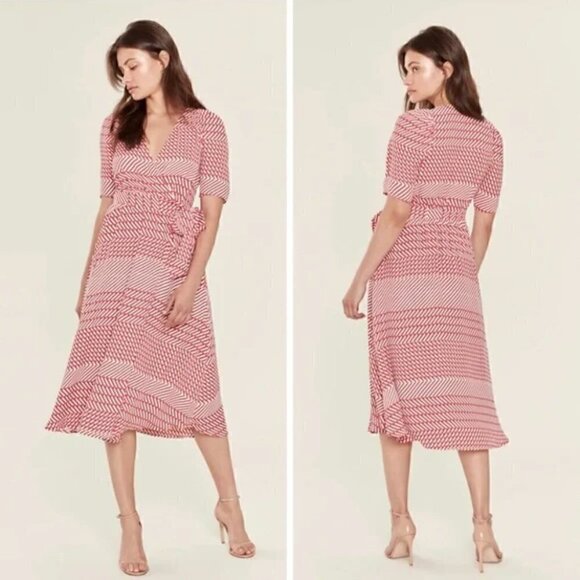 Joie Cata Wrap Dress 10 Midi Red Patchwork Pattern Stripe - Picture 6 of 15